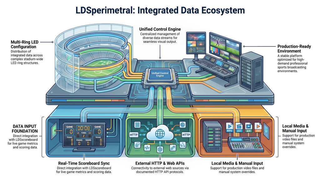 Integrate the perimeter system with any source of data, like a score, match time, or an external application
