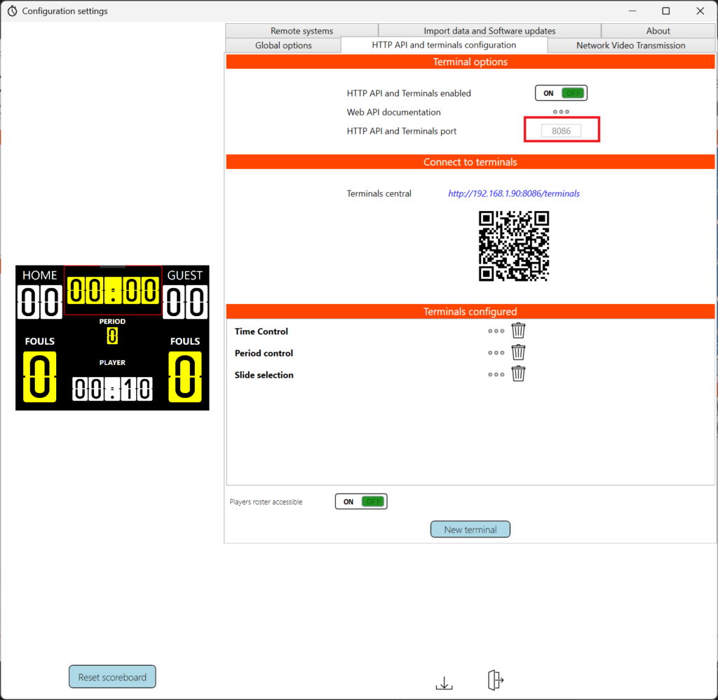 HTTP API and Terminals configuration window LDSscoreboard HTTP API Documentation and Configuration